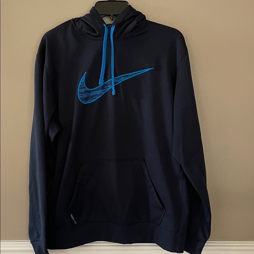 Nike Men's Navy Hoodie with Electric Blue Swoosh